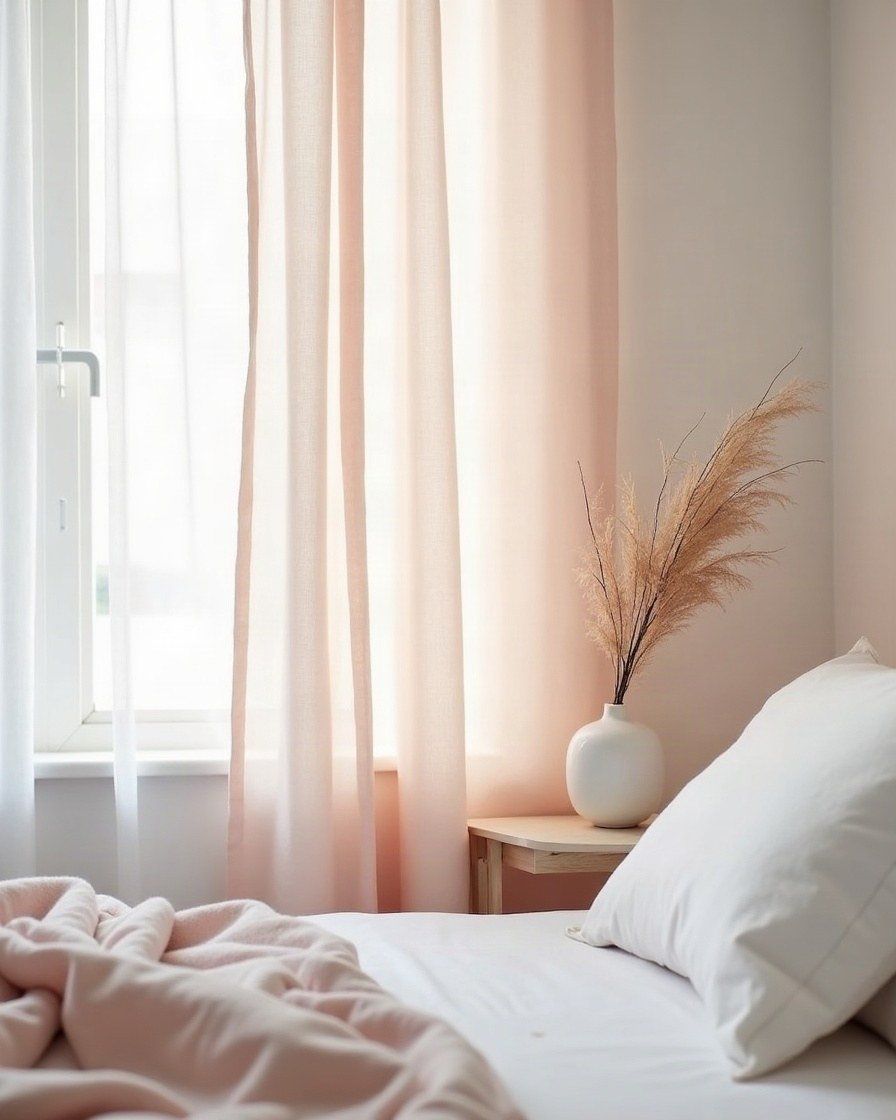 A sheer blush curtain and white bedding in soft morning light