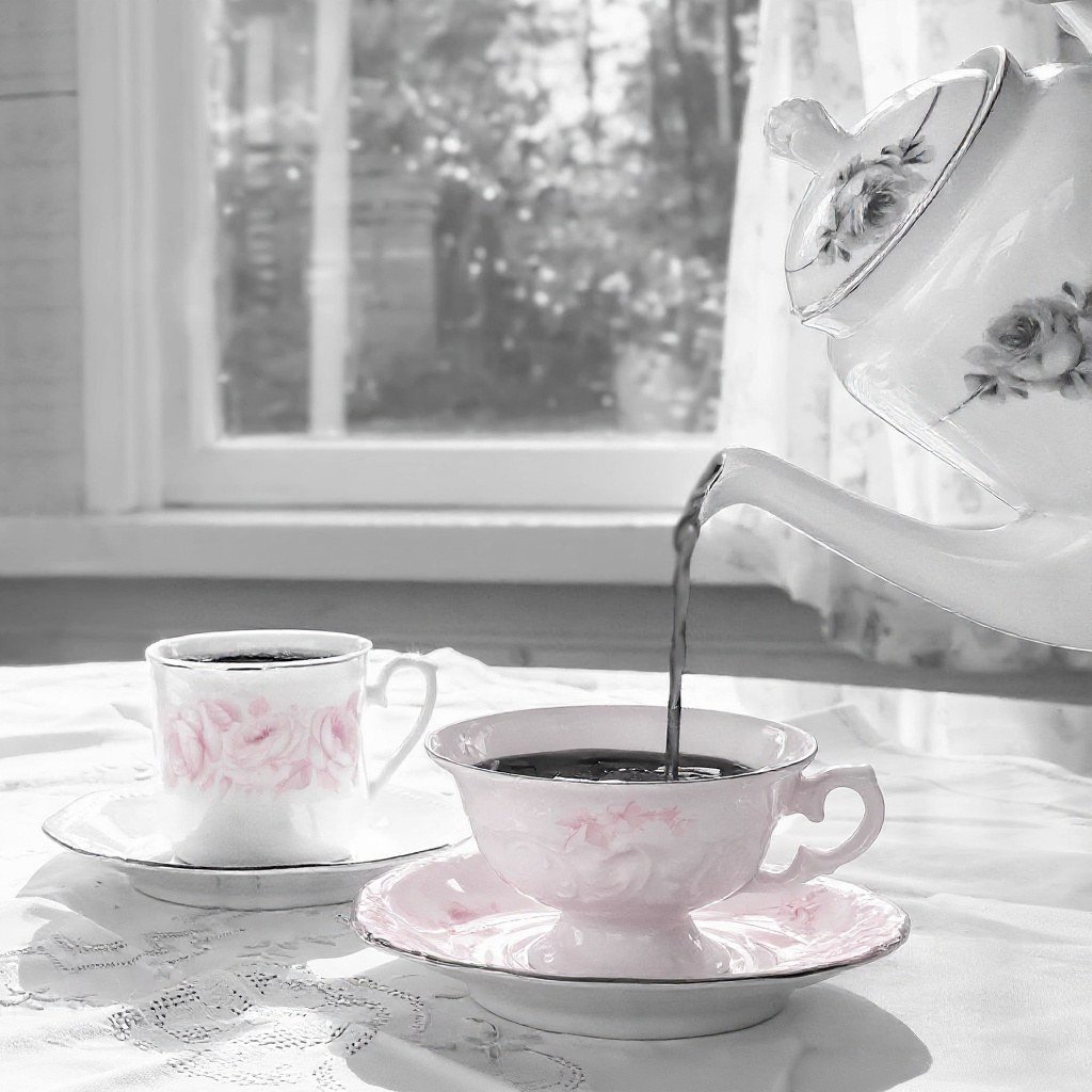 Tea being poured into one of two floral cups by a bright window