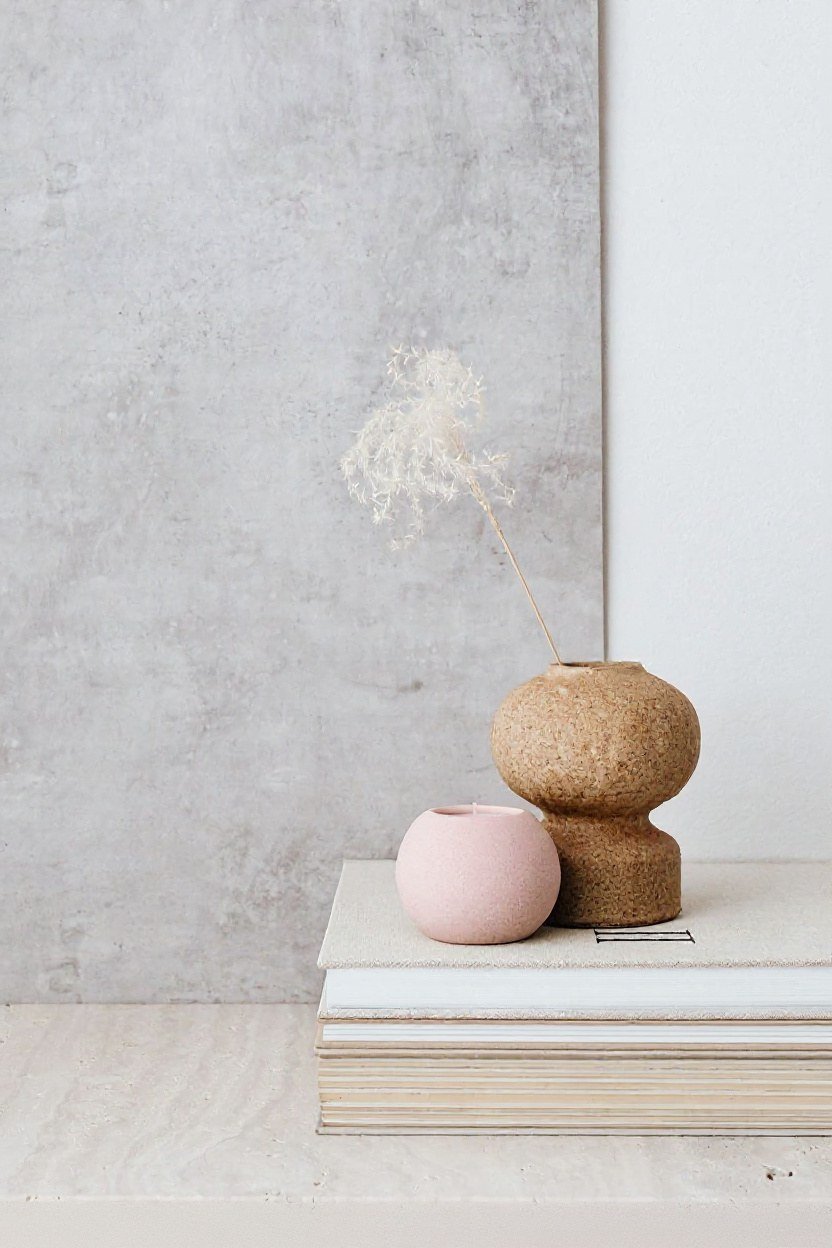 Soft ceramic vases with a dried stem on a stack of books